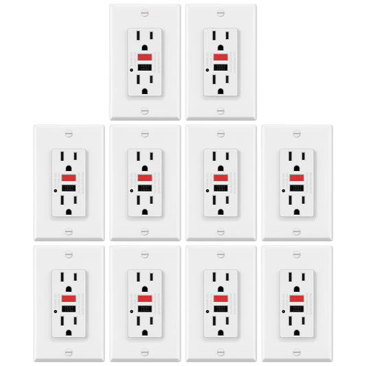 10 Pack - ELECTECK 15 Amp GFCI Outlets, Non-Tamper Resistant, Decor GFI Receptacles with LED Indicator, Ground Fault Circuit Interrupter, Wallplate Included, ETL Listed, Red/Black Button