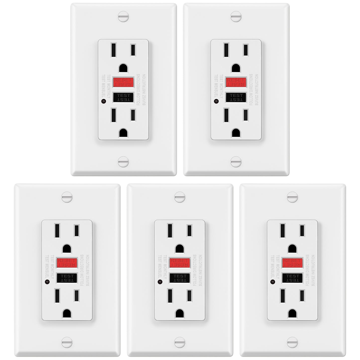 5 Pack - ELECTECK 15 Amp GFCI Outlets, Non-Tamper Resistant, Decor GFI Receptacles with LED Indicator, Ground Fault Circuit Interrupter, Wallplate Included, ETL Listed, Red/Black Button
