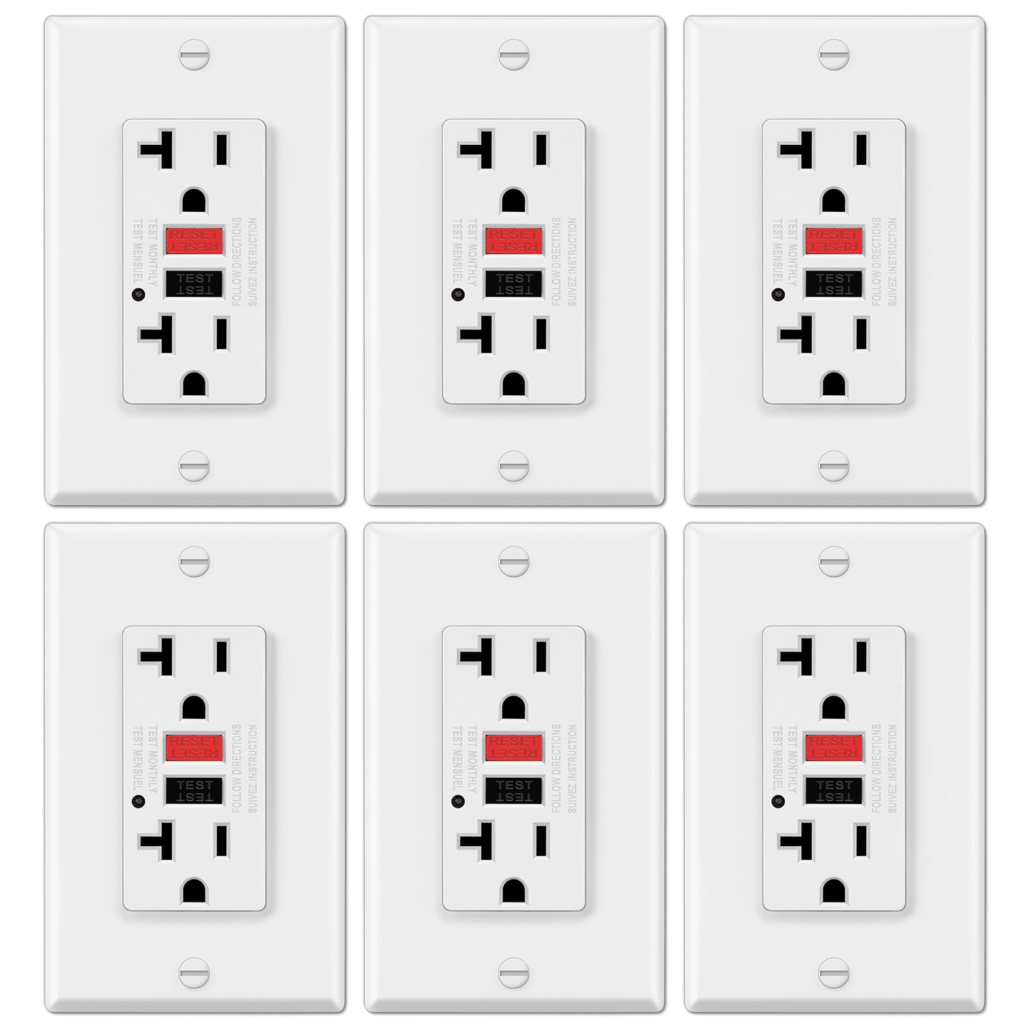 6 Pack - ELECTECK 20 Amp GFCI Outlets, Non-Tamper Resistant, Decor GFI Receptacles with LED Indicator, Ground Fault Circuit Interrupter, Wallplate Included, ETL Listed, Red/Black Button