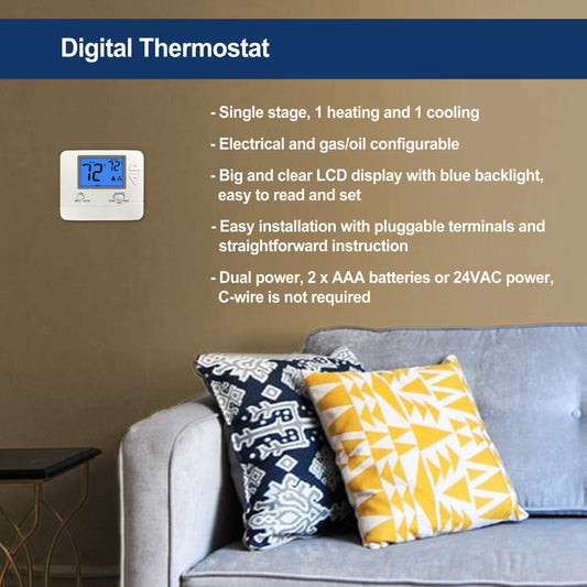 ELECTECK Digital Thermostat with Large LCD Display, Non-Programmable, Compatible with Single Stage Electrical and Gas/Oil System, Up to 1 Heat/1 Cool
