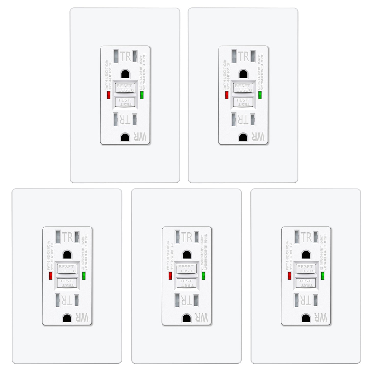 5 Pack – ELECTECK 15 Amp GFCI Outlets, Outdoor Weather Resistant (WR), Self-Test GFI Receptacles with LED Indicator, Ground Fault Circuit Interrupter, Screwless Wallplate Included, UL Listed, White