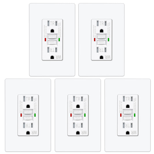 5 Pack – ELECTECK 15 Amp GFCI Outlets, Outdoor Weather Resistant (WR), Self-Test GFI Receptacles with LED Indicator, Ground Fault Circuit Interrupter, Screwless Wallplate Included, UL Listed, White