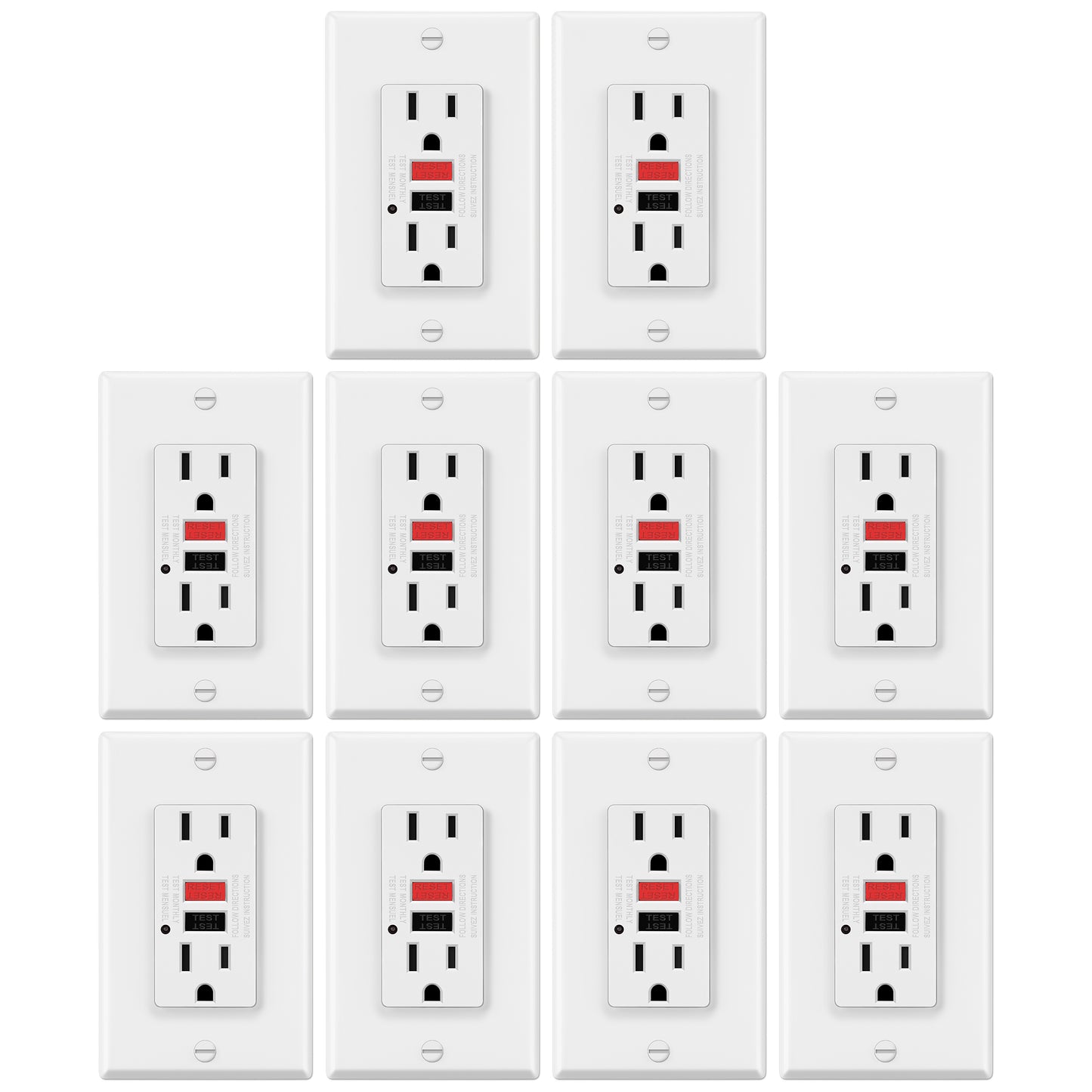 10 Pack - ELECTECK 15 Amp GFCI Outlets, Non-Tamper Resistant, Decor GFI Receptacles with LED Indicator, Ground Fault Circuit Interrupter, Wallplate Included, ETL Listed, Red/Black Button