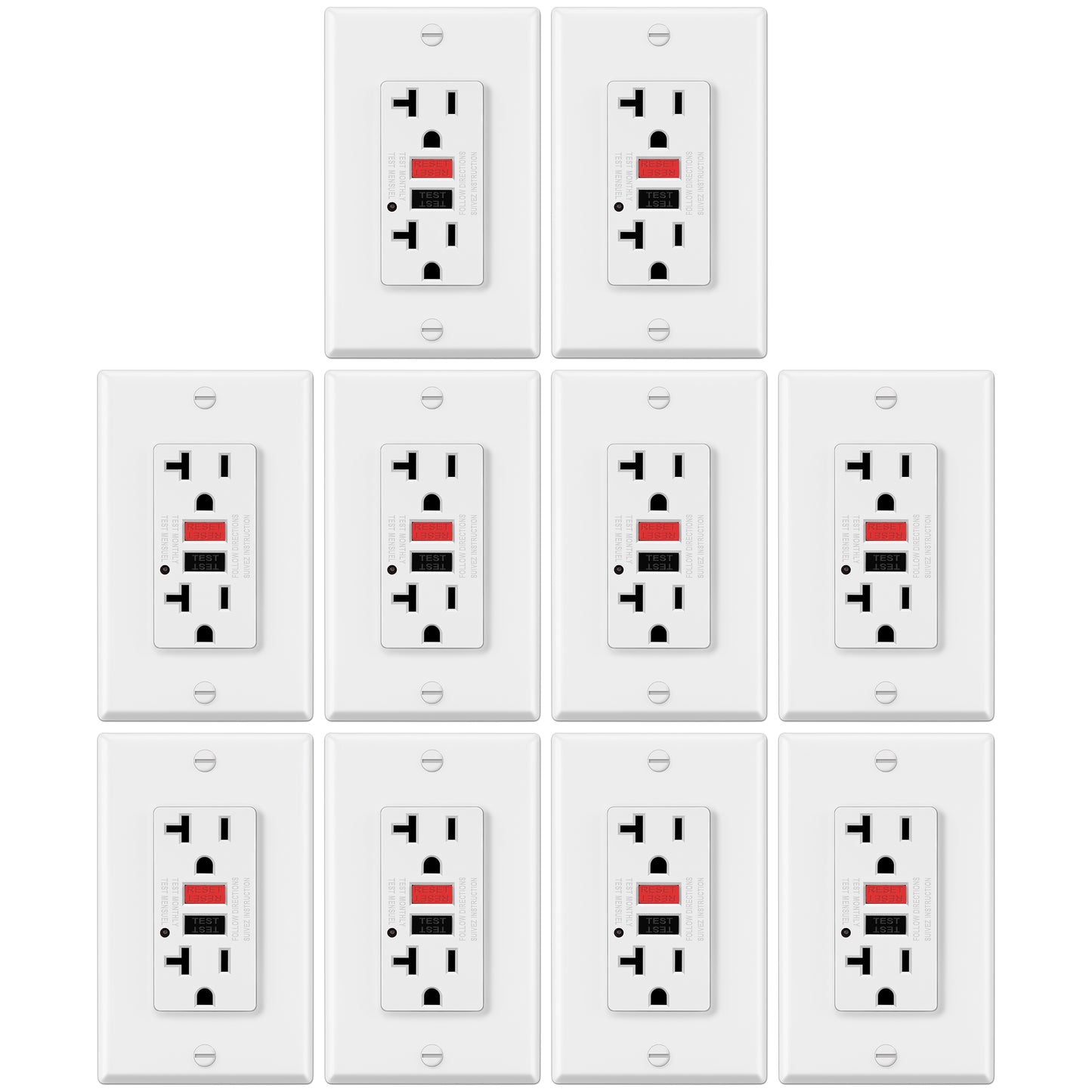 10 Pack - ELECTECK 20 Amp GFCI Outlets, Non-Tamper Resistant, Decor GFI Receptacles with LED Indicator, Ground Fault Circuit Interrupter, Wallplate Included, ETL Listed, Red/Black Button