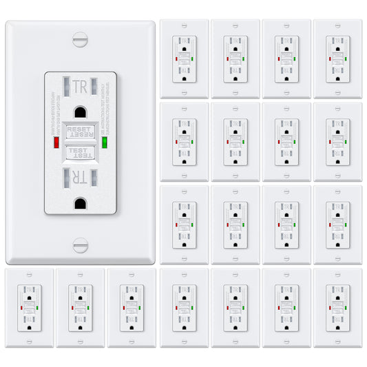 20 Pack – ELECTECK 15 Amp GFCI Outlets, Tamper Resistant (TR), Self-Test GFI Receptacles with LED Indicator, Ground Fault Circuit Interrupter, Decor Wallplate Included, UL Listed, White