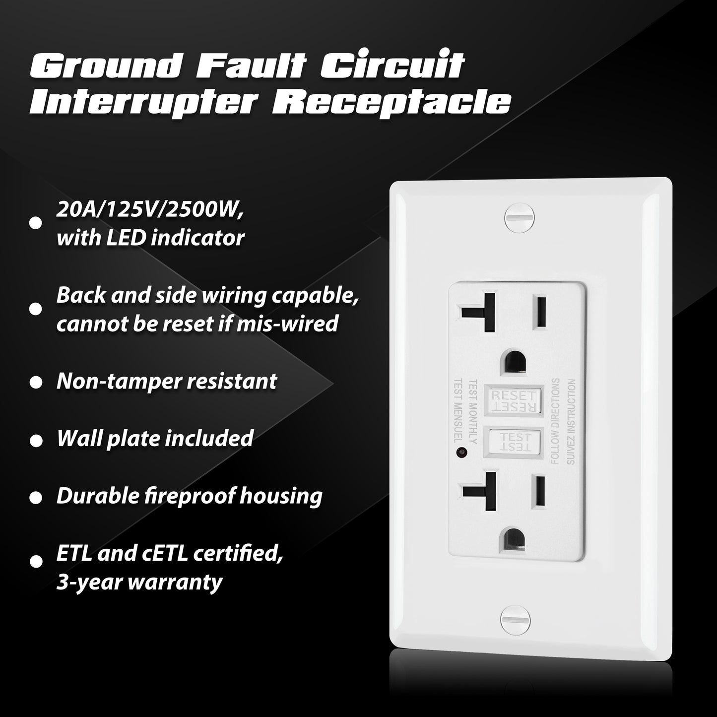 6 Pack - ELECTECK 20 Amp GFCI Outlets, Non-Tamper Resistant, Decor GFI Receptacles with LED Indicator, Ground Fault Circuit Interrupter, Wallplate Included, ETL Listed, White