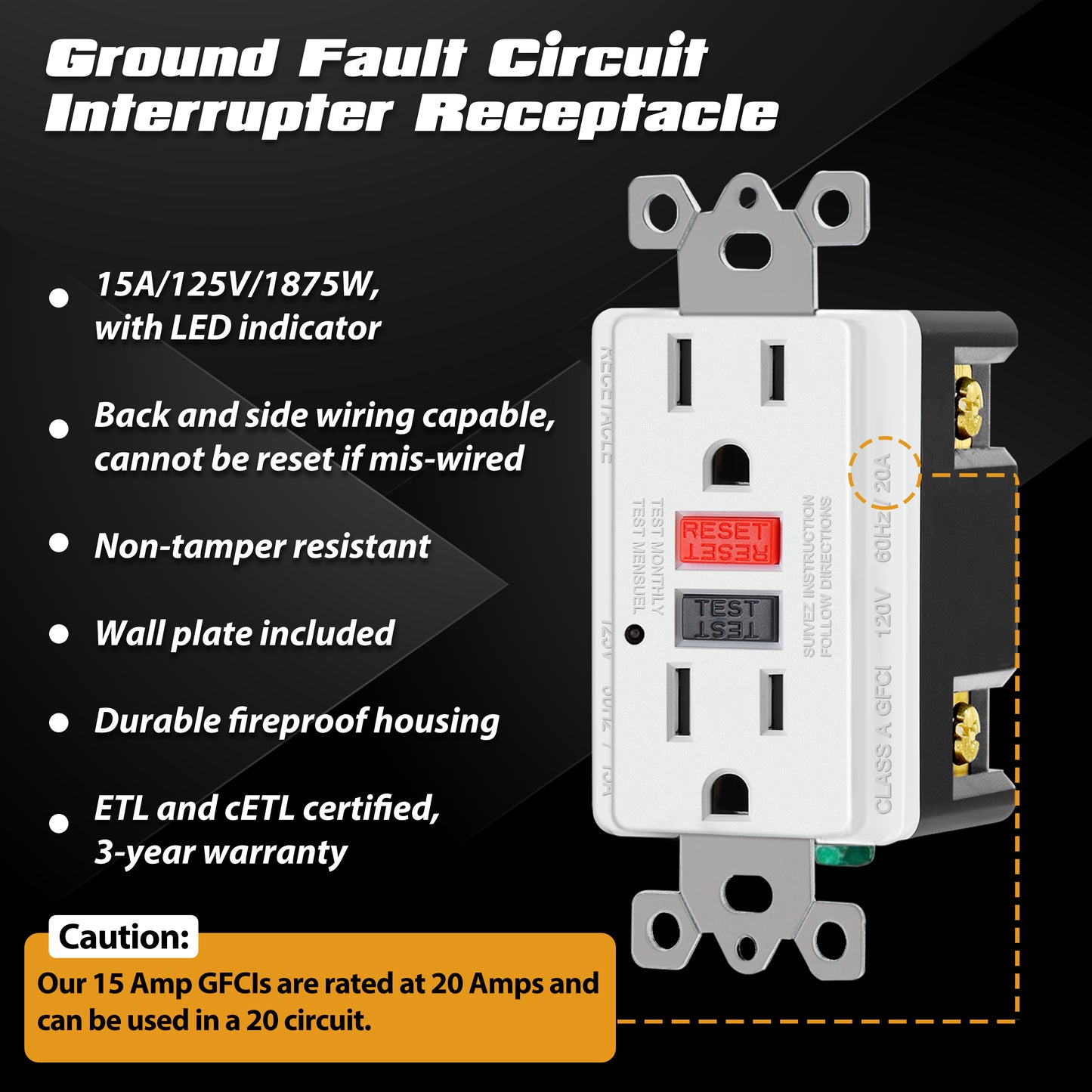 10 Pack - ELECTECK 15 Amp GFCI Outlets, Non-Tamper Resistant, Decor GFI Receptacles with LED Indicator, Ground Fault Circuit Interrupter, Wallplate Included, ETL Listed, Red/Black Button