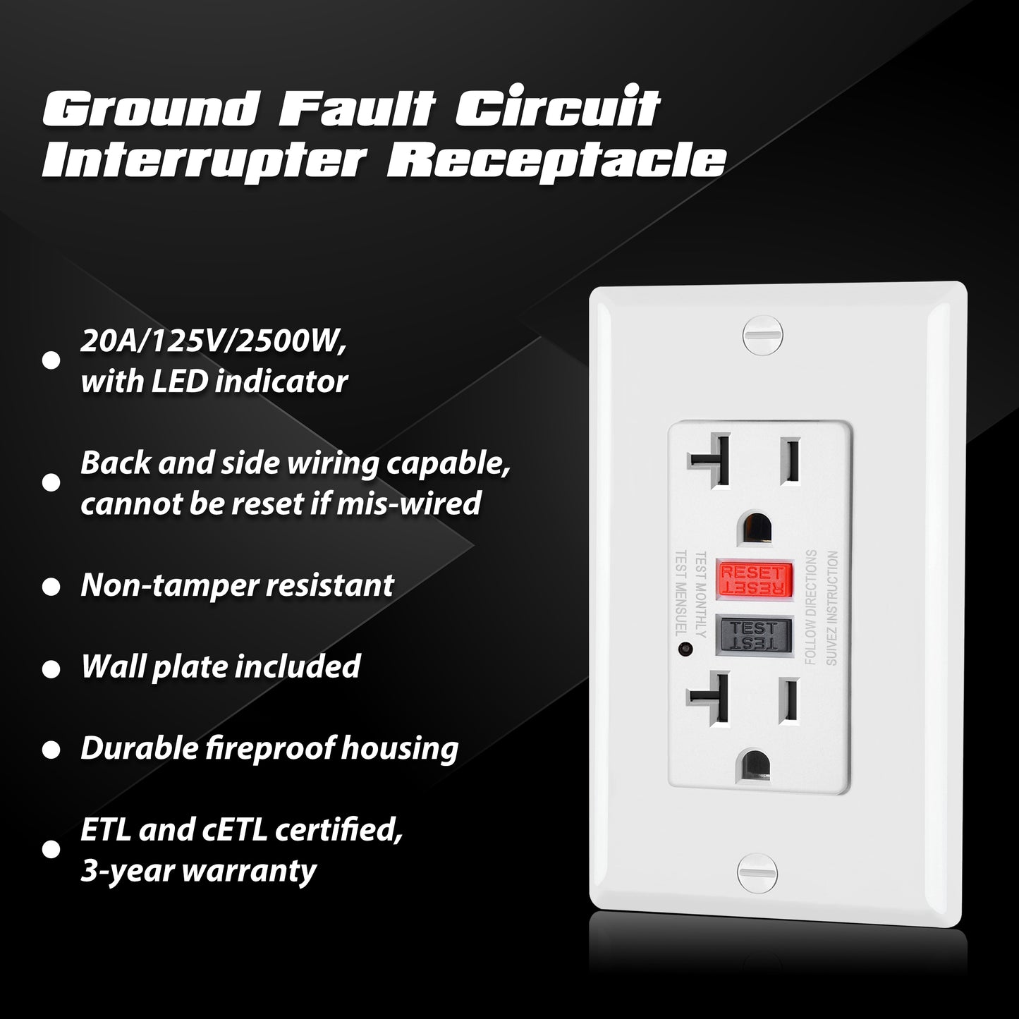 3 Pack - ELECTECK 20 Amp GFCI Outlets, Non-Tamper Resistant, Decor GFI Receptacles with LED Indicator, Ground Fault Circuit Interrupter, Wallplate Included, ETL Listed, White