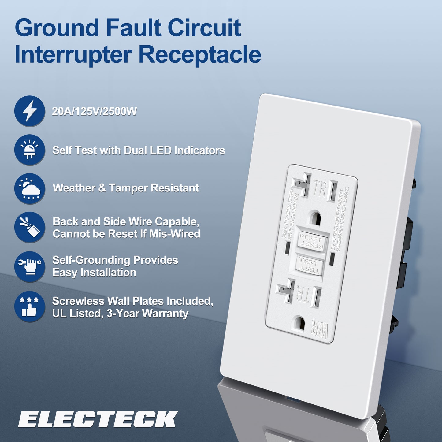 10 Pack – ELECTECK 20 Amp GFCI Outlets, Outdoor Weather Resistant (WR), Self-Test GFI Receptacles with LED Indicator, Ground Fault Circuit Interrupter, Screwless Wallplate Included, UL Listed, White