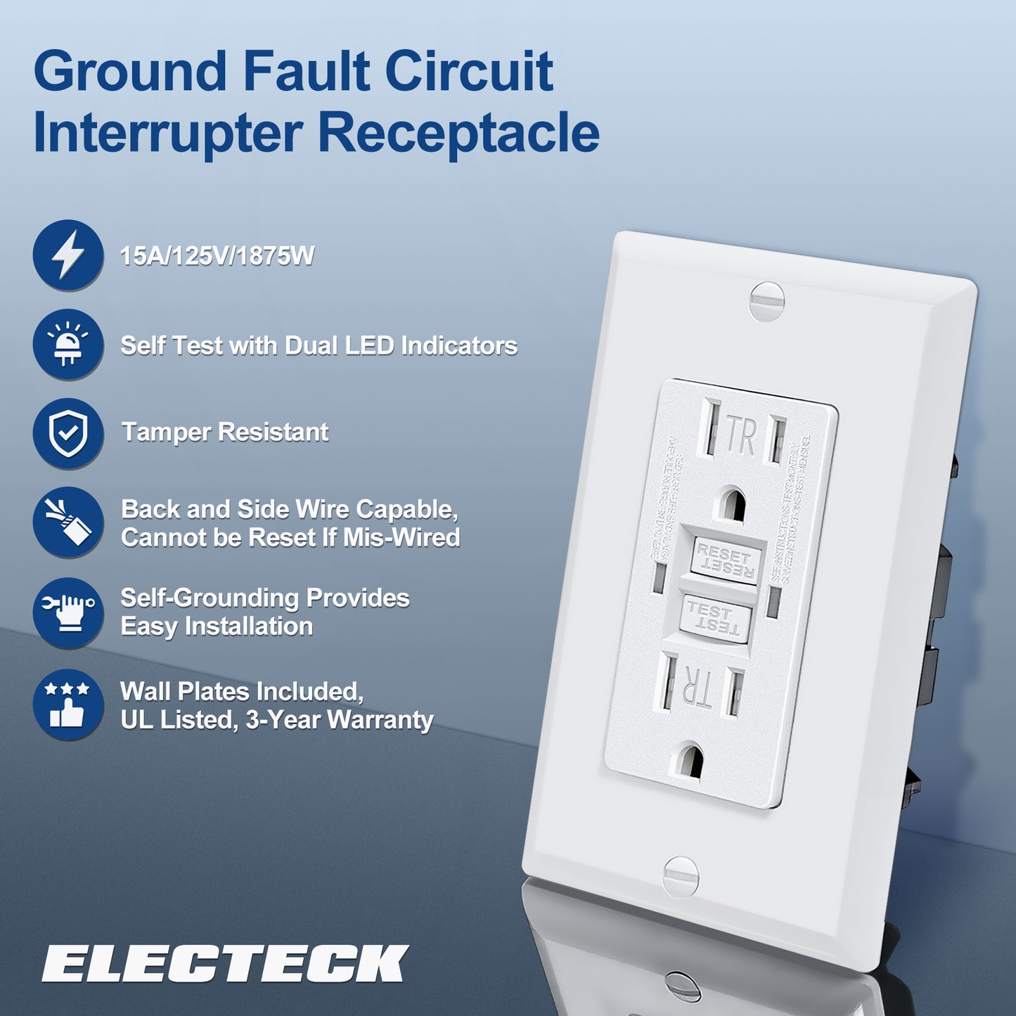 20 Pack – ELECTECK 15 Amp GFCI Outlets, Tamper Resistant (TR), Self-Test GFI Receptacles with LED Indicator, Ground Fault Circuit Interrupter, Decor Wallplate Included, UL Listed, White