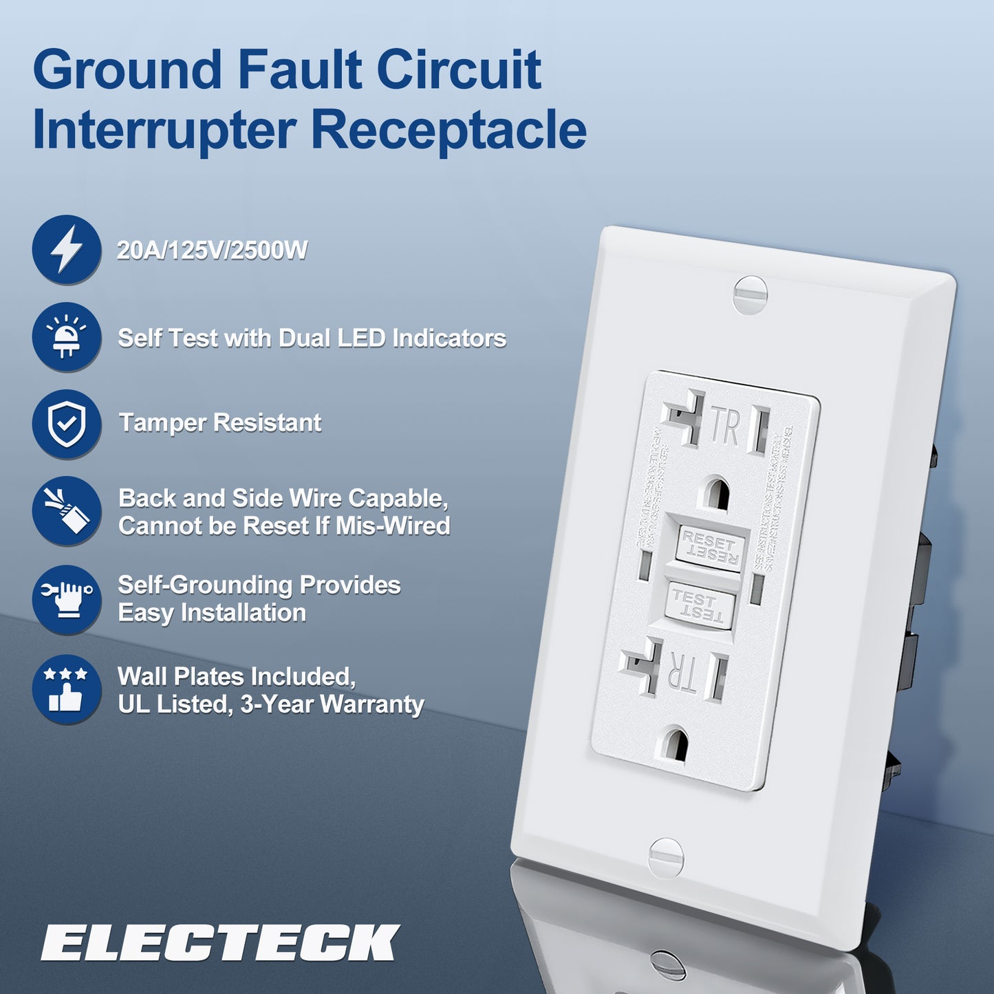 10 Pack – ELECTECK 20 Amp GFCI Outlets, Tamper Resistant (TR), Self-Test GFI Receptacles with LED Indicator, Ground Fault Circuit Interrupter, Decor Wallplate Included, UL Listed, White