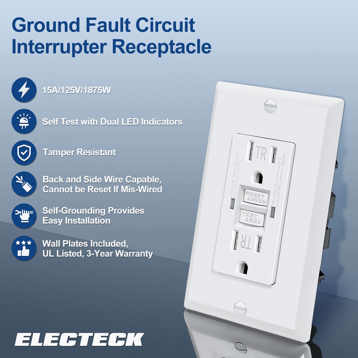 5 Pack – ELECTECK 15 Amp GFCI Outlets, Tamper Resistant (TR), Self-Test GFI Receptacles with LED Indicator, Ground Fault Circuit Interrupter, Decor Wallplate Included, UL Listed, White