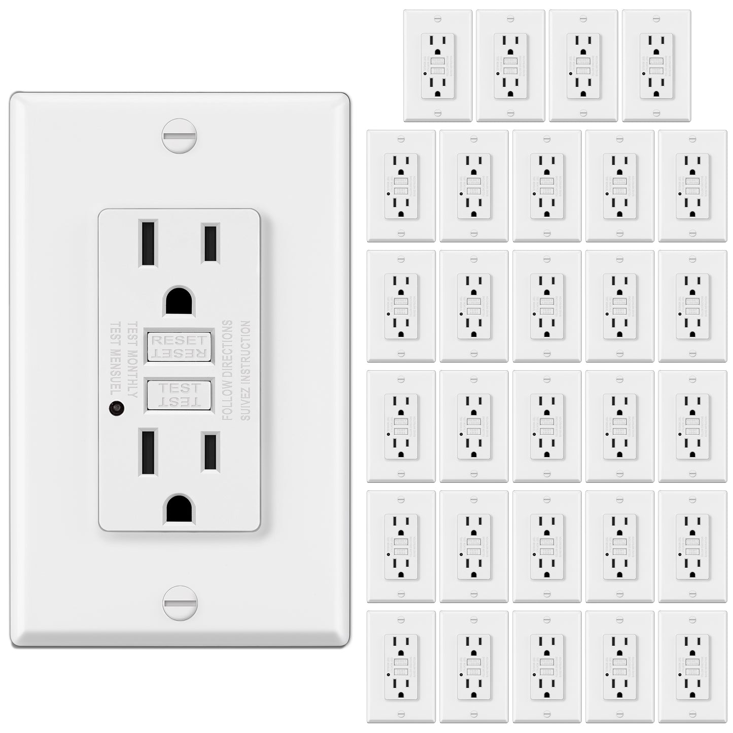 30 Pack - ELECTECK 15 Amp GFCI Outlets, Non-Tamper Resistant, Decor GFI Receptacles with LED Indicator, Ground Fault Circuit Interrupter, Wallplate Included, ETL Listed, White