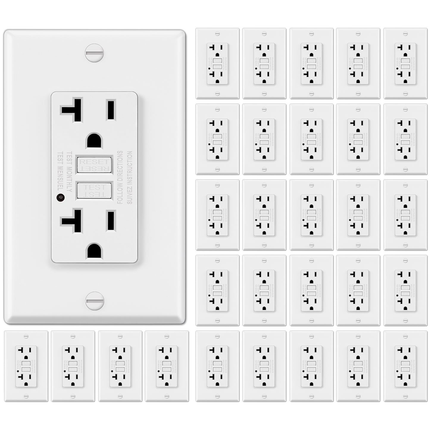 30 Pack - ELECTECK 20 Amp GFCI Outlets, Non-Tamper Resistant, Decor GFI Receptacles with LED Indicator, Ground Fault Circuit Interrupter, Wallplate Included, ETL Listed, White