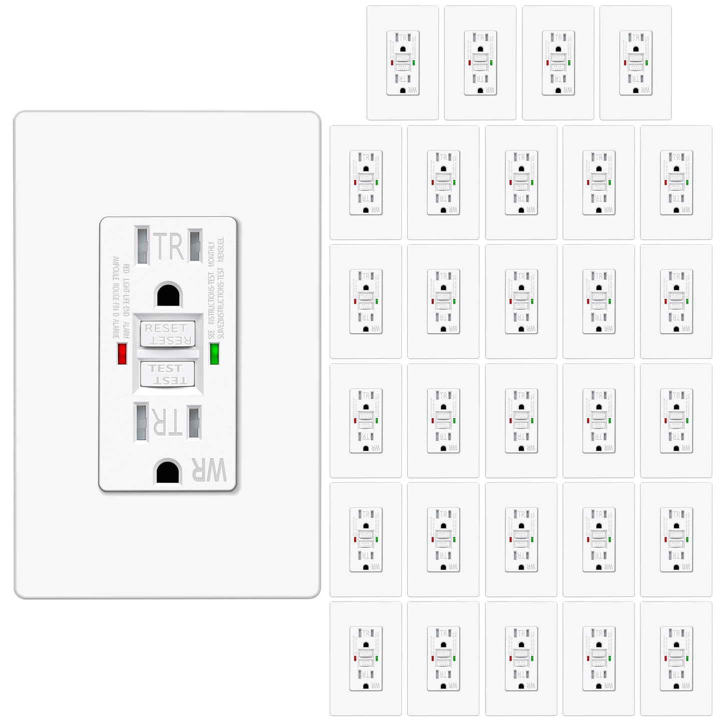 30 Pack – ELECTECK 15 Amp GFCI Outlets, Outdoor Weather Resistant (WR), Self-Test GFI Receptacles with LED Indicator, Ground Fault Circuit Interrupter, Screwless Wallplate Included, UL Listed, White