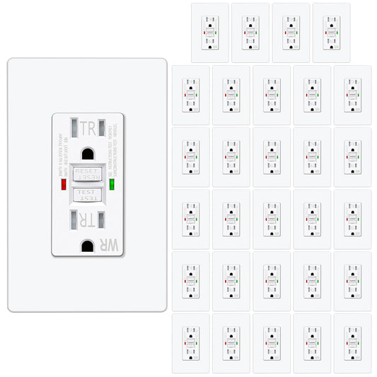 30 Pack – ELECTECK 15 Amp GFCI Outlets, Outdoor Weather Resistant (WR), Self-Test GFI Receptacles with LED Indicator, Ground Fault Circuit Interrupter, Screwless Wallplate Included, UL Listed, White