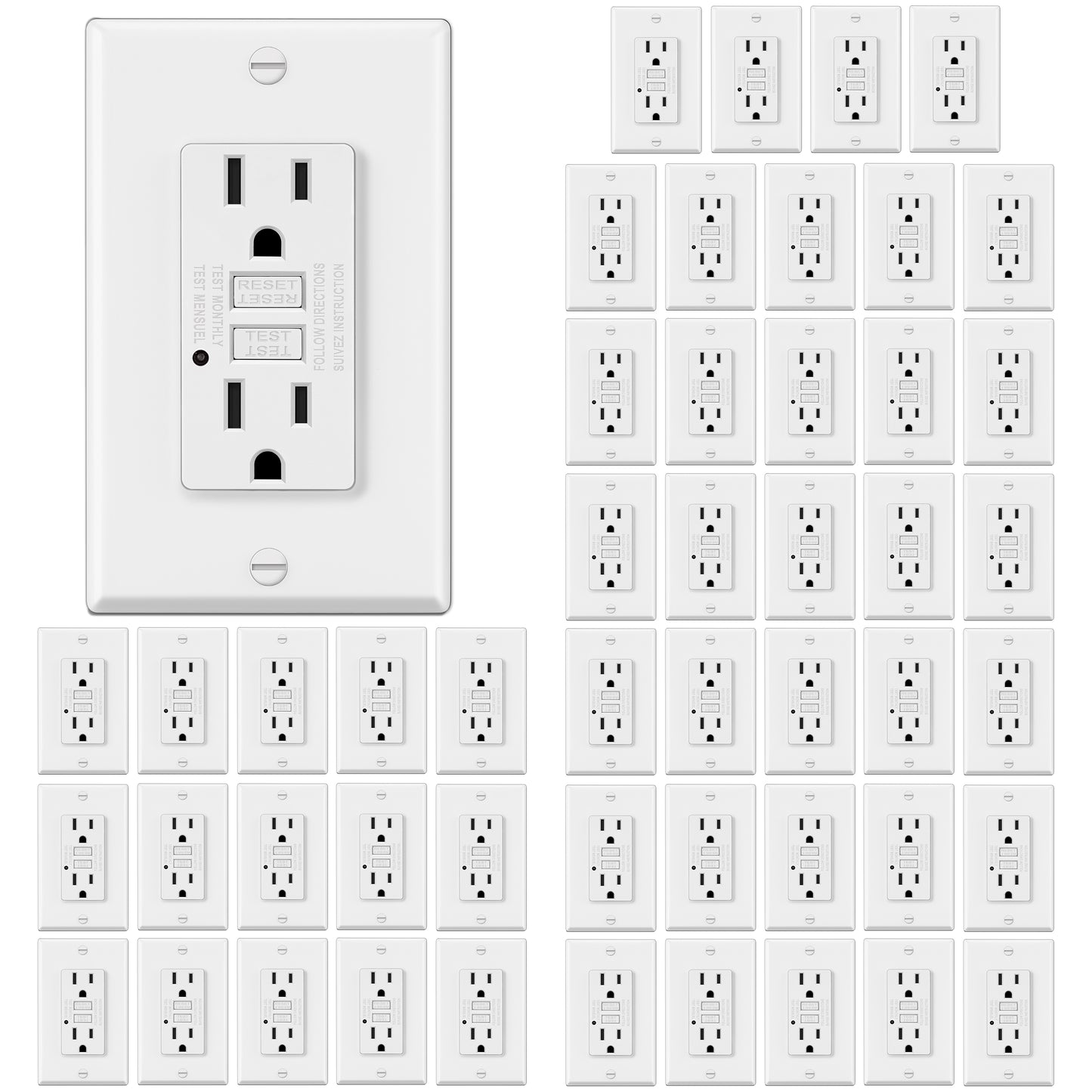 50 Pack - ELECTECK 15A/125V Non-Tamper Resistant GFCI Outlets, Decor GFI Receptacles with LED Indicator, Ground Fault Circuit Interrupter, Wallplate Included, ETL Listed, White