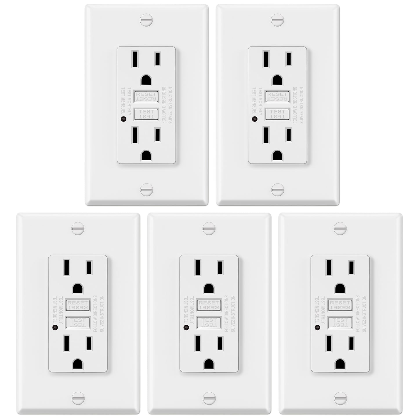 5 Pack - ELECTECK 15 Amp Non-Tamper Resistant GFCI Outlets, Decor GFI Receptacles with LED Indicator, Ground Fault Circuit Interrupter, Wallplate Included, ETL Listed, White