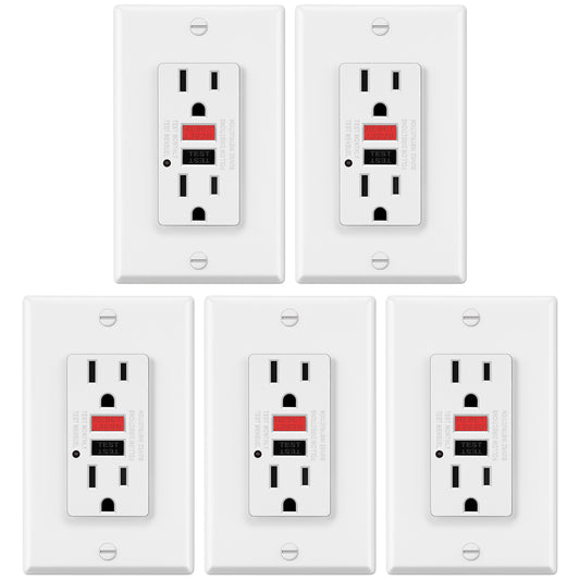 5 Pack - ELECTECK 15 Amp GFCI Outlets, Non-Tamper Resistant, Decor GFI Receptacles with LED Indicator, Ground Fault Circuit Interrupter, Wallplate Included, ETL Listed, Red/Black Button