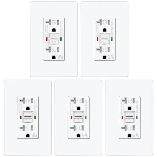 5 Pack – ELECTECK 20 Amp GFCI Outlets, Outdoor Weather Resistant (WR), Self-Test GFI Receptacles with LED Indicator, Ground Fault Circuit Interrupter, Screwless Wallplate Included, UL Listed, White