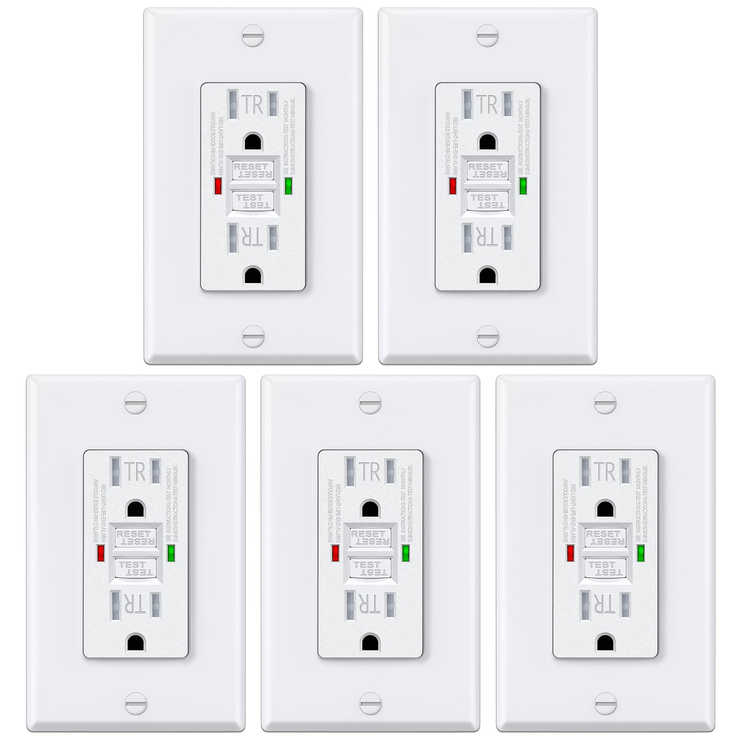 5 Pack – ELECTECK 15 Amp GFCI Outlets, Tamper Resistant (TR), Self-Test GFI Receptacles with LED Indicator, Ground Fault Circuit Interrupter, Decor Wallplate Included, UL Listed, White