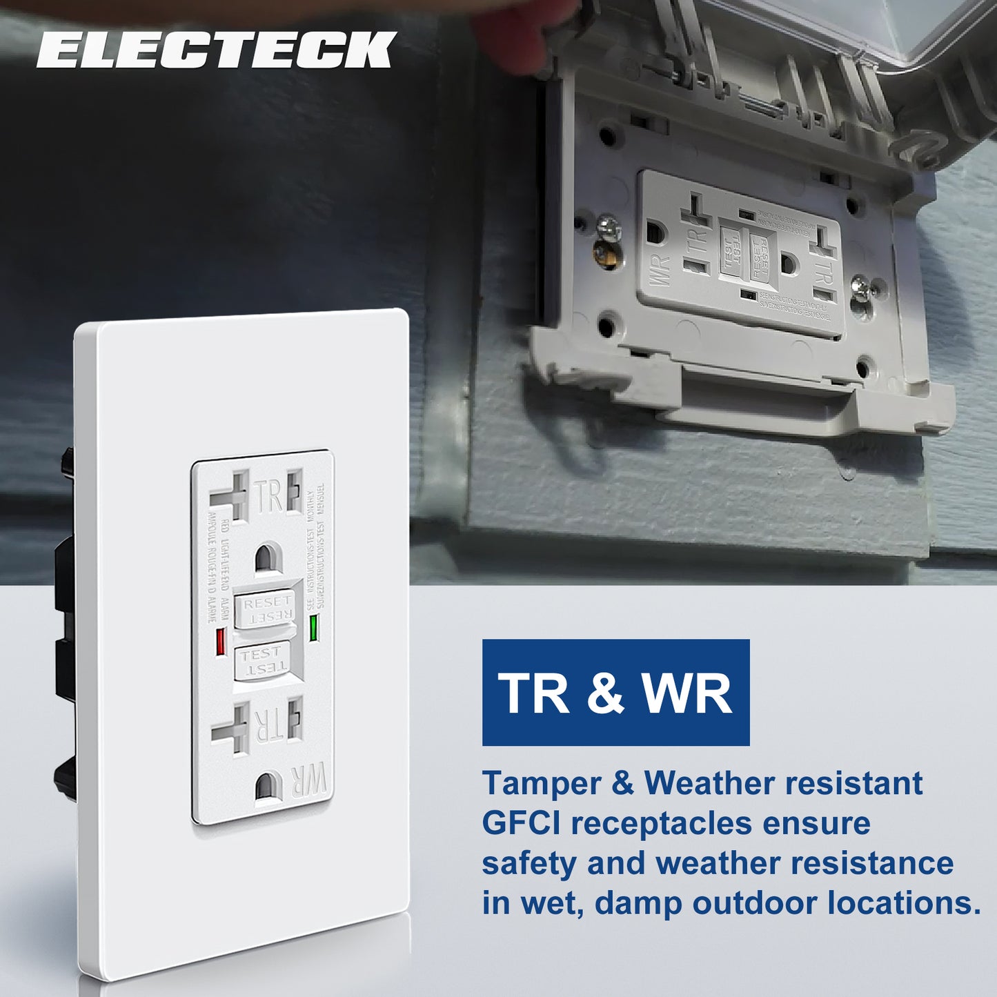 10 Pack – ELECTECK 20 Amp GFCI Outlets, Outdoor Weather Resistant (WR), Self-Test GFI Receptacles with LED Indicator, Ground Fault Circuit Interrupter, Screwless Wallplate Included, UL Listed, White