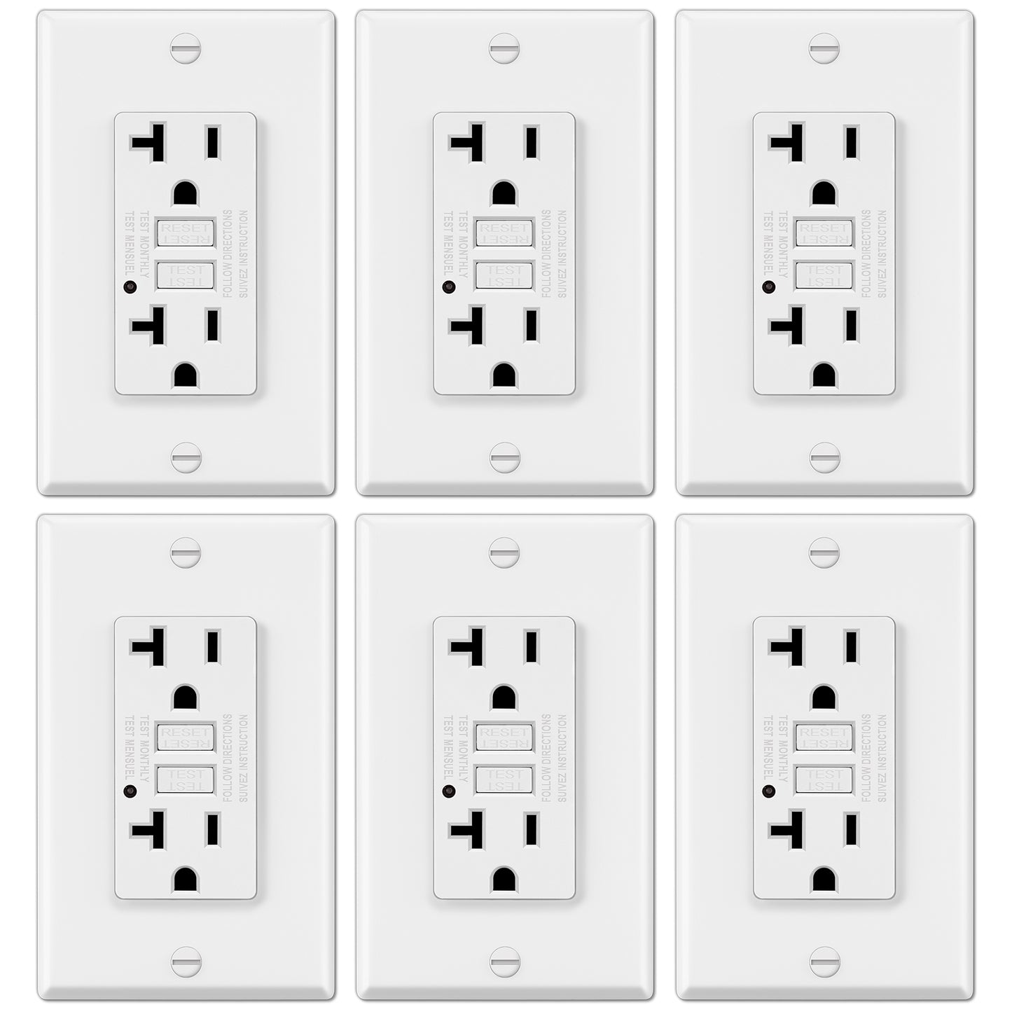 6 Pack - ELECTECK 20 Amp GFCI Outlets, Non-Tamper Resistant, Decor GFI Receptacles with LED Indicator, Ground Fault Circuit Interrupter, Wallplate Included, ETL Listed, White