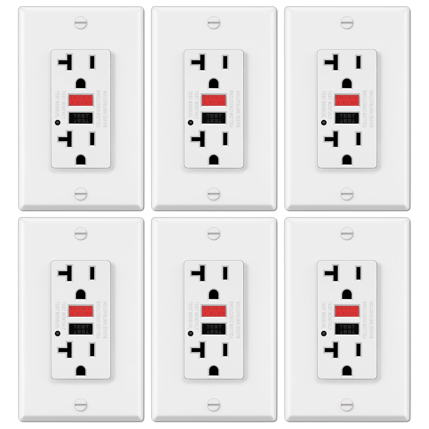 6 Pack - ELECTECK 20 Amp GFCI Outlets, Non-Tamper Resistant, Decor GFI Receptacles with LED Indicator, Ground Fault Circuit Interrupter, Wallplate Included, ETL Listed, Red/Black Button