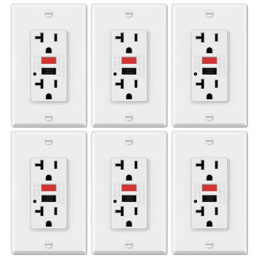 6 Pack - ELECTECK 20 Amp GFCI Outlets, Non-Tamper Resistant, Decor GFI Receptacles with LED Indicator, Ground Fault Circuit Interrupter, Wallplate Included, ETL Listed, Red/Black Button