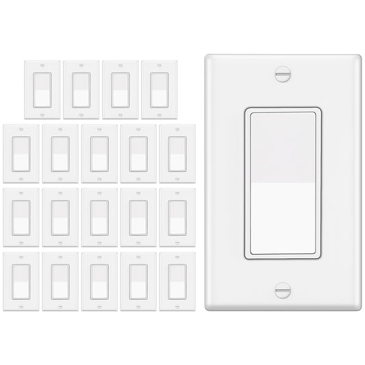 20 Pack - ELECTECK Single Pole Wall Light Switch, Rocker ON/OFF Paddle Control, 15A 120/277V, Wall Plate Included, UL Certified, White