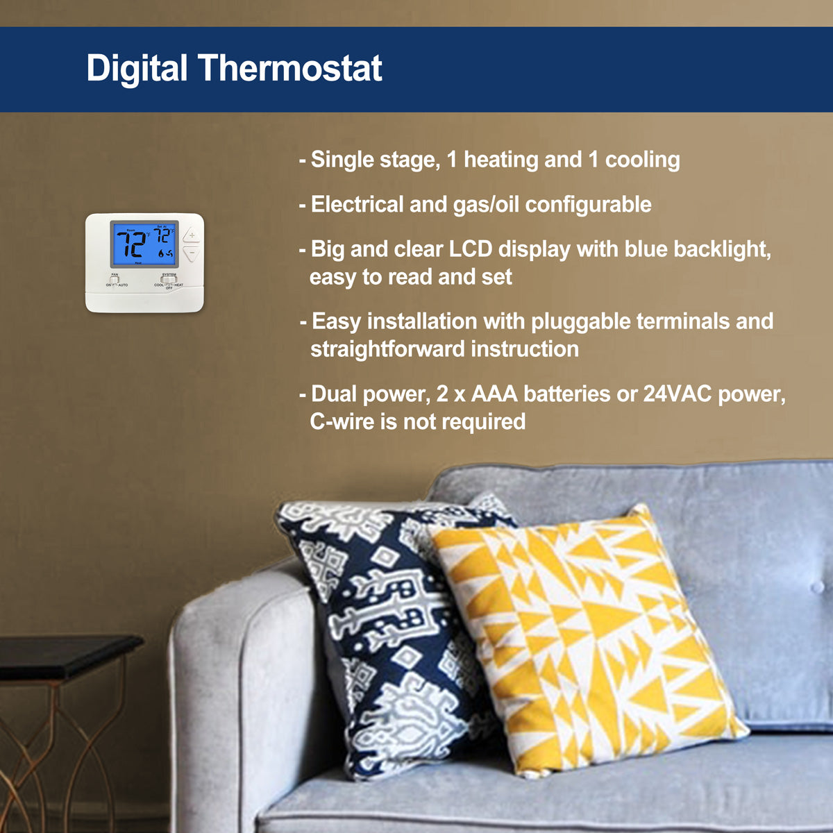 ELECTECK Digital Thermostat with Large LCD Display, Non-Programmable, Compatible with Single Stage Electrical and Gas/Oil System, Up to 1 Heat/1 Cool