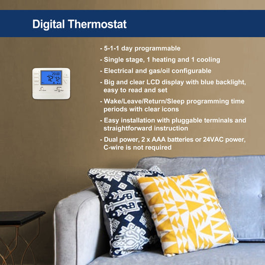 ELECTECK Thermostat, 5-1-1 Day Programmable, Large Digital LCD Display, Compatible w/ Single Stage Electrical and Gas System, Up to 1 Heat/1 Cool, White
