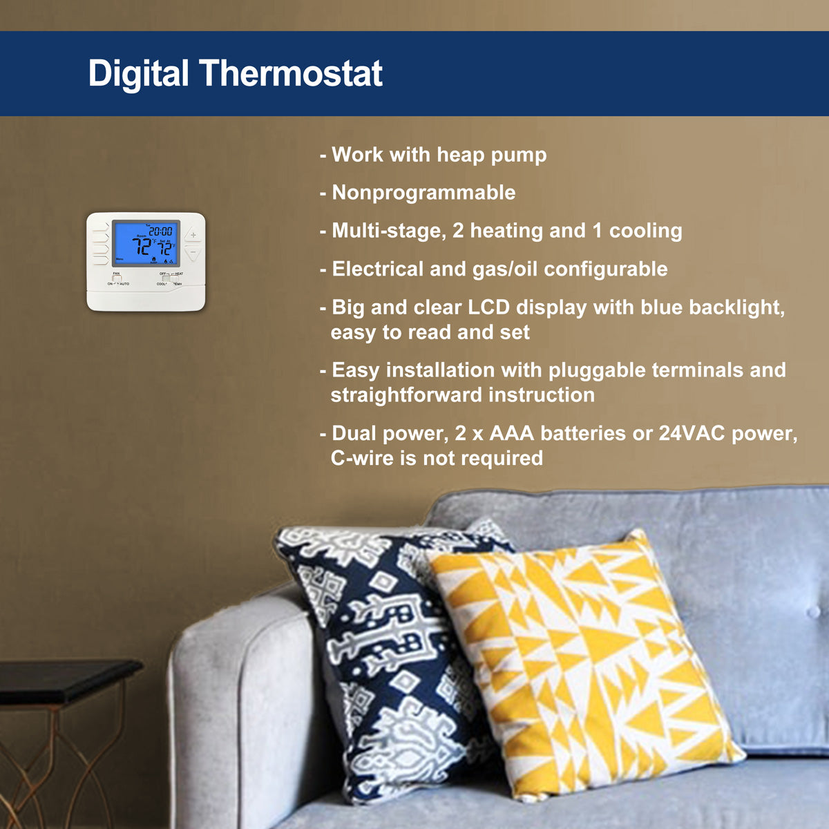 ELECTECK Heat Pump Thermostat with Large Digital LCD Display, Nonprogrammable, Compatible with Multi-Stage Electrical, Gas and Oil Systems, Up to 2 Heat/1 Cool, White