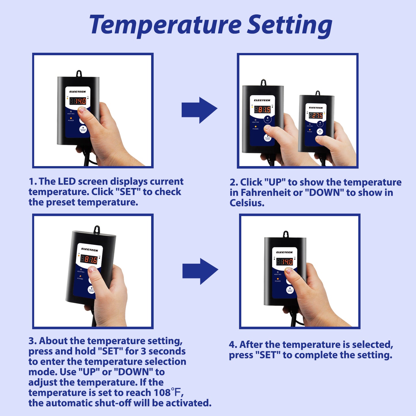 ELECTECK Heat Mat Thermostat, Digital Controller for Seed Germination, Reptiles and Brewing, 41°F to 108 °F/ 5℃ to 42℃, 8.3A, 1000W, Black