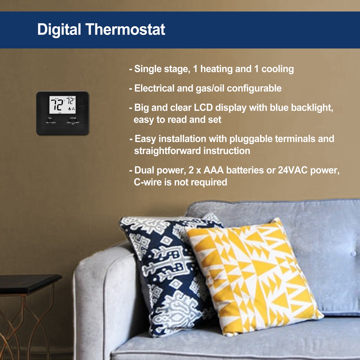 2 Pack - ELECTECK Digital Thermostat with Large LCD Display, Non-Programmable, Compatible with Single Stage Electrical and Gas/Oil System, Up to 1 Heat/1 Cool, Black